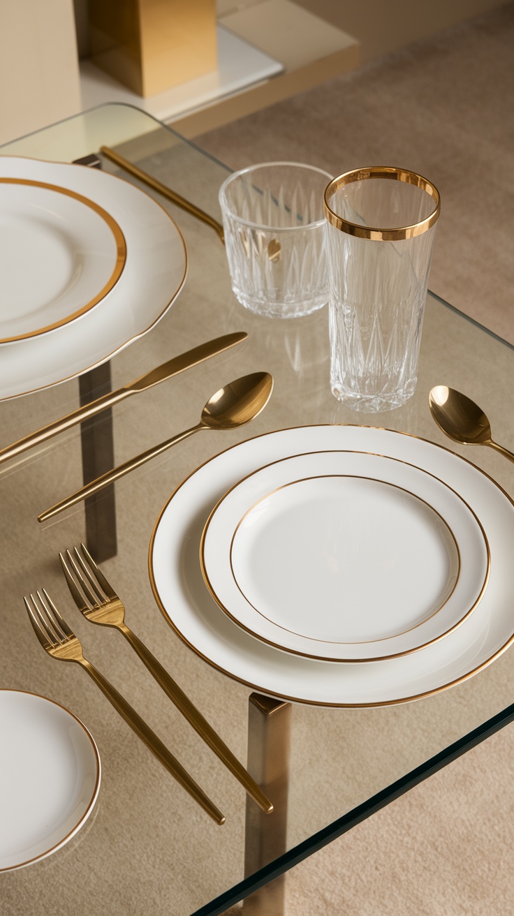 Chic spring tablescape featuring elegant tableware with gold accents.