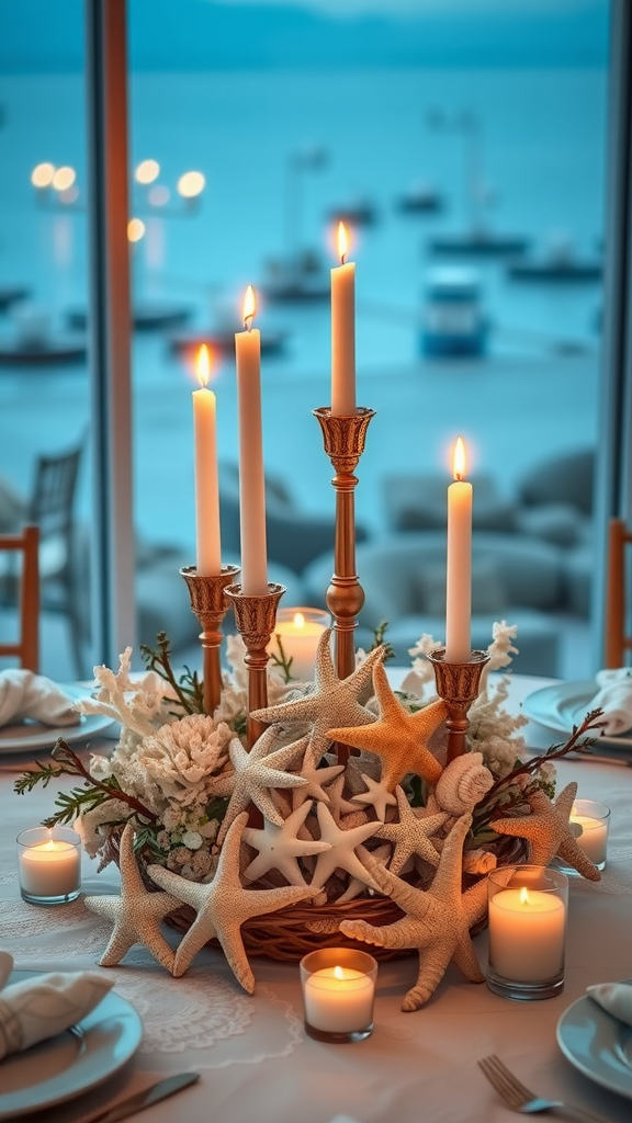 A beautifully arranged table centerpiece featuring starfish, coral, and candles, set against a backdrop of a waterfront view.