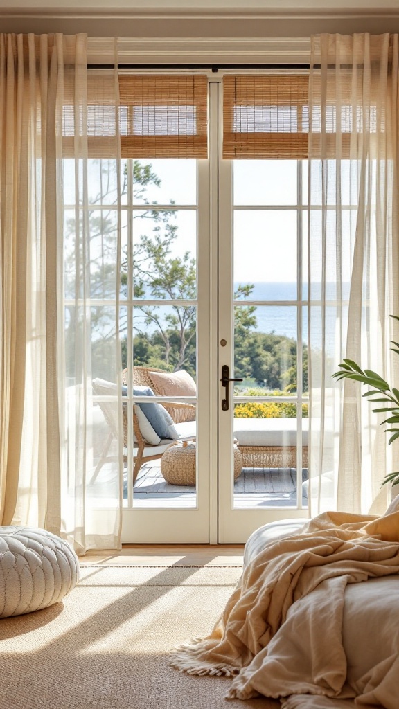 Bright coastal living room with light curtains and bamboo shades overlooking the ocean.