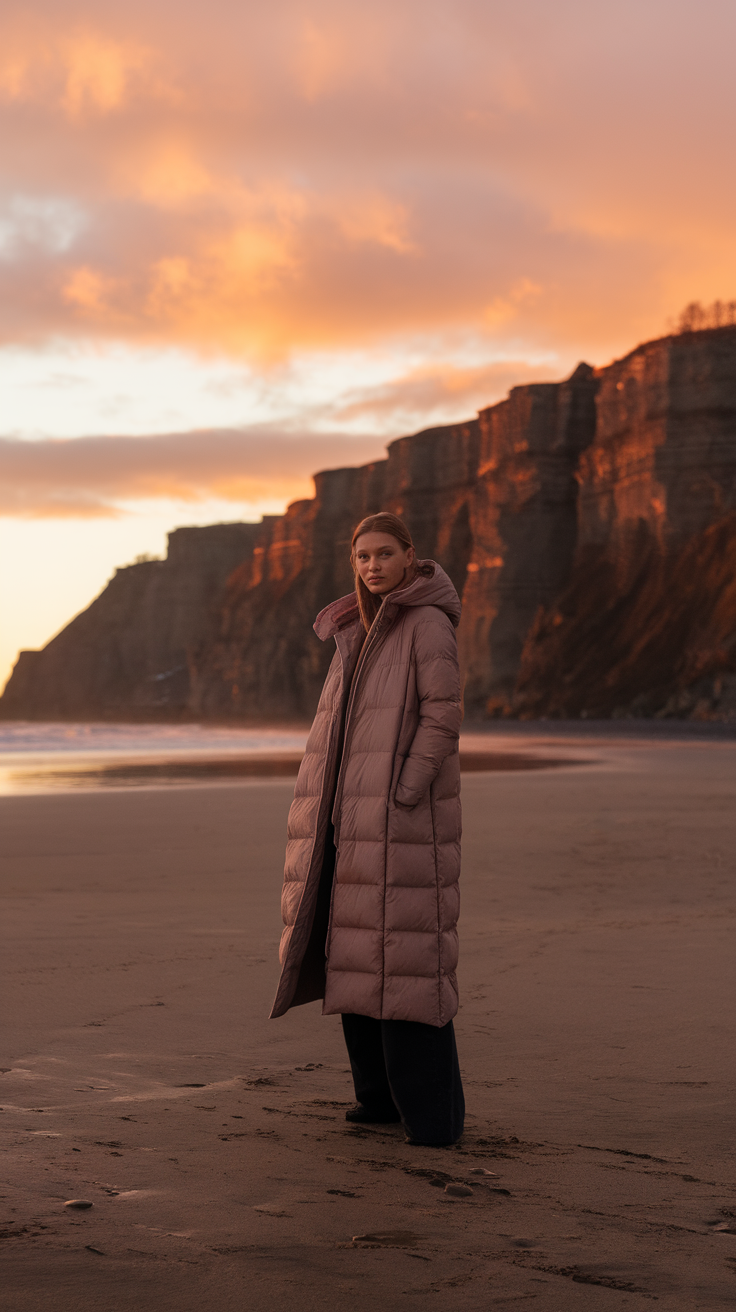 A red puffer coat displayed on a wooden post at a beach during sunset.