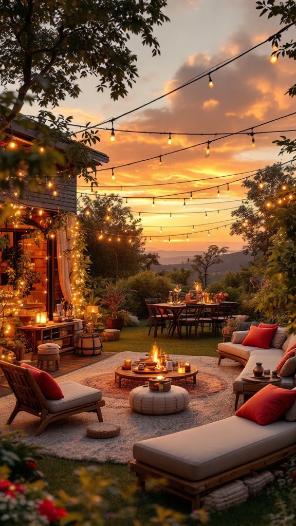 A cozy outdoor party setup during sunset with string lights and a fire pit.