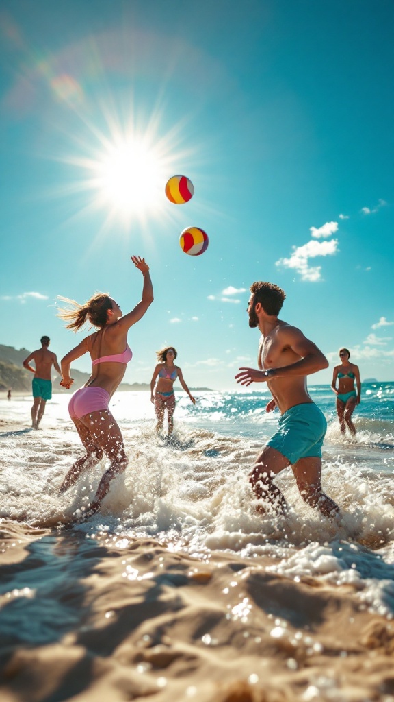 A group of people playing beach volleyball on a sunny day at the beach.