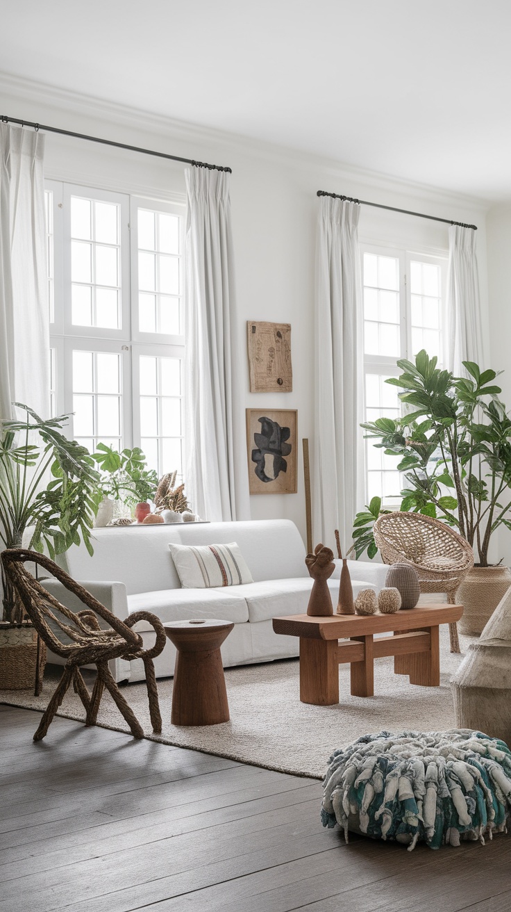 A modern coastal living room featuring a white sofa, wooden furniture, and tropical plants.