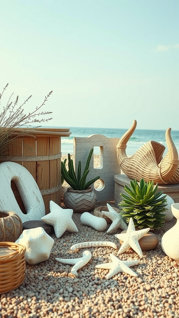 A collection of coastal decor items including plants, starfish, and pottery, arranged on a sandy surface with a beach backdrop.