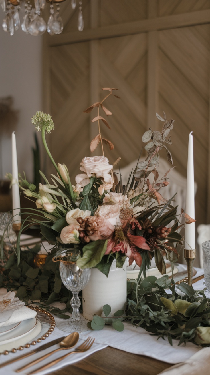 A chic spring tablescape featuring a floral arrangement with pink and green flowers, candles, and elegant tableware.