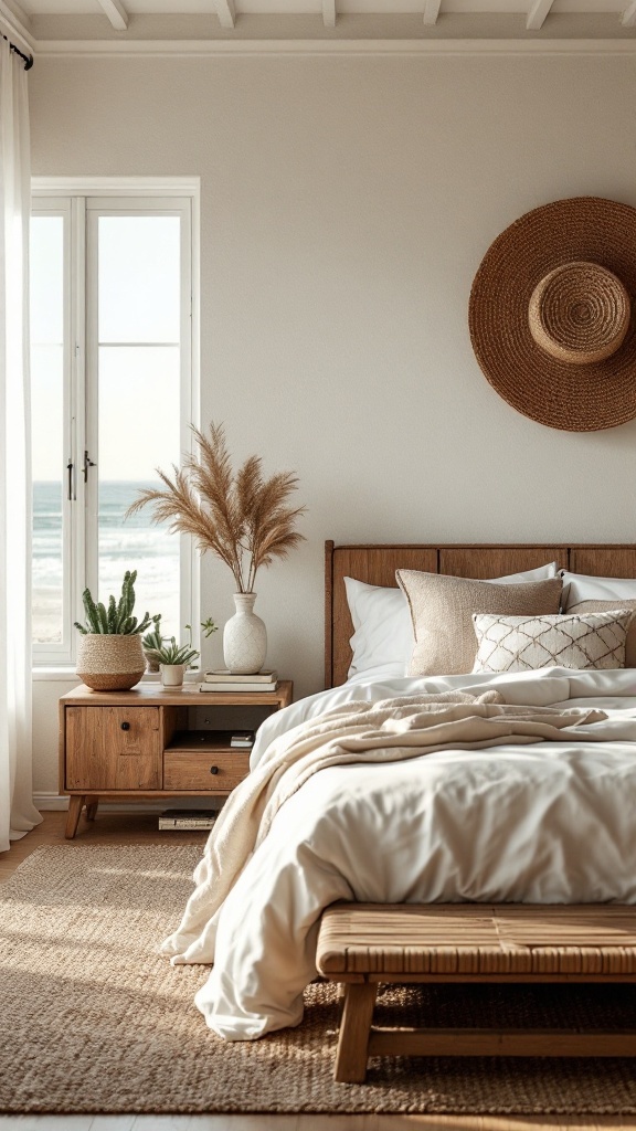 A beautifully decorated coastal bedroom featuring natural materials and a beach view.