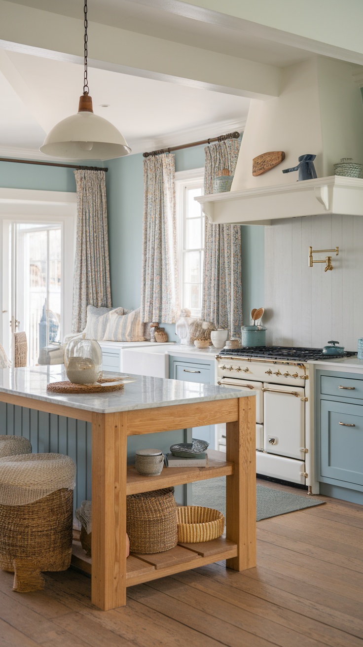 Coastal farmhouse kitchen featuring textured fabrics and a warm, inviting atmosphere.