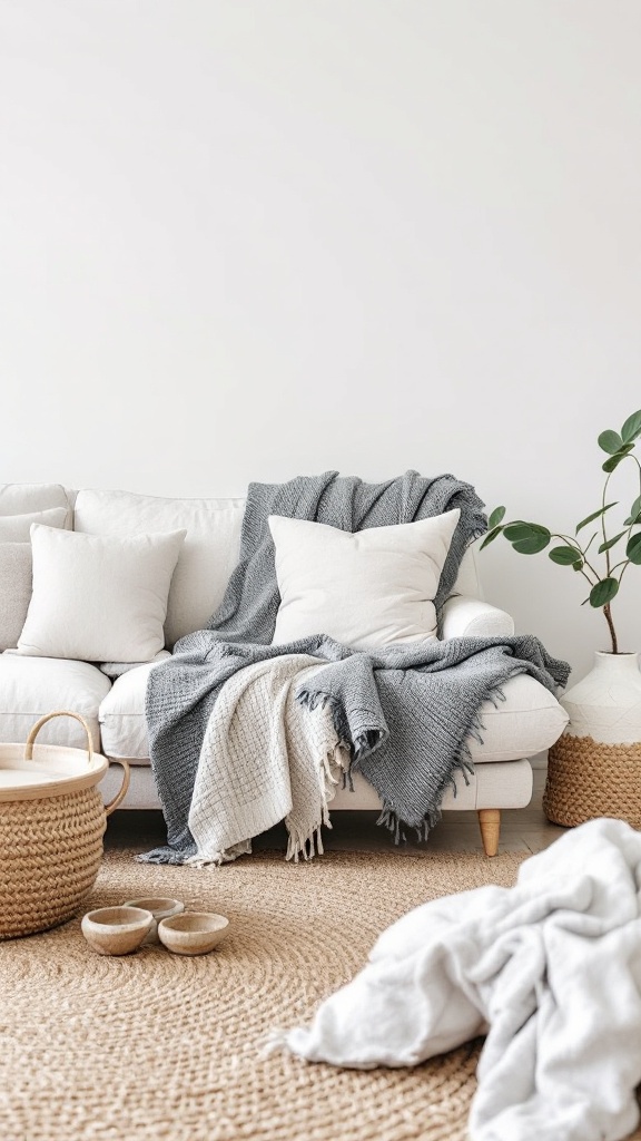 Cozy coastal living room with textured fabrics and natural materials