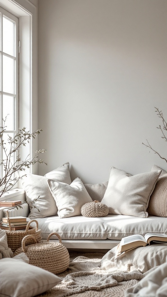 A cozy coastal living room featuring soft cushions and natural textures.