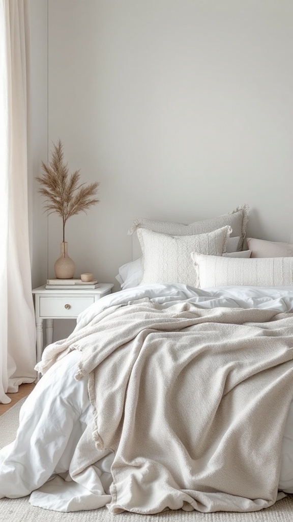 A beautifully styled coastal bedroom with soft fabrics and decor.