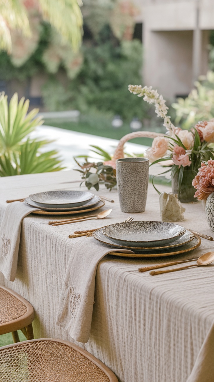 Chic spring tablescape featuring textured table linens, elegant dishware, and fresh flowers