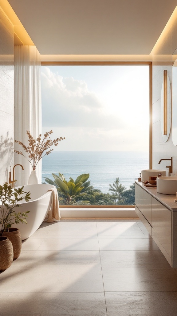 A tranquil bathroom with a view of the ocean, featuring a bathtub and modern decor.