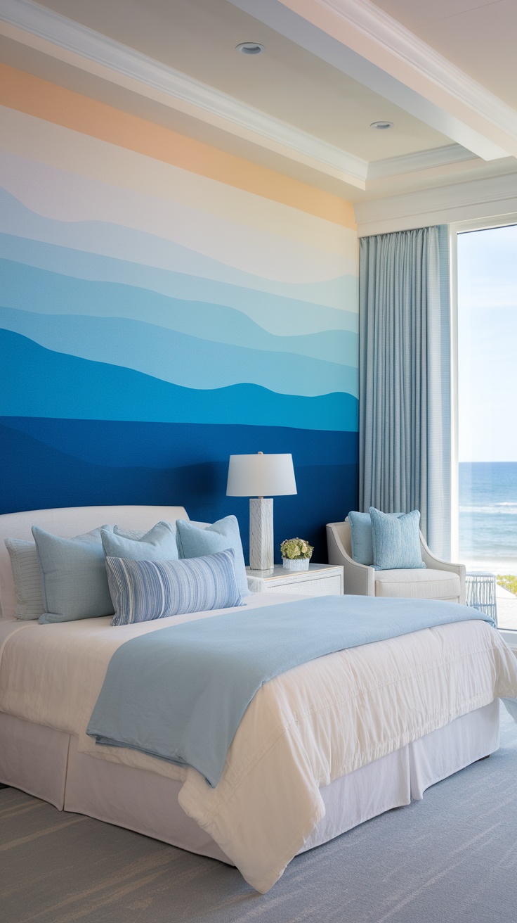 A coastal style bedroom featuring an accent wall with blue and sandy gradient colors.