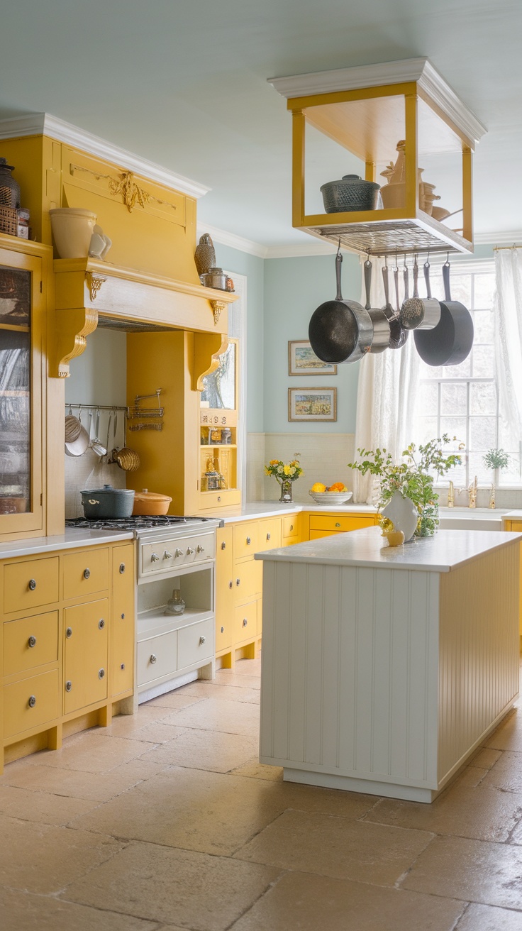 A bright yellow kitchen featuring yellow cabinets, a white island, and cheerful decorations.