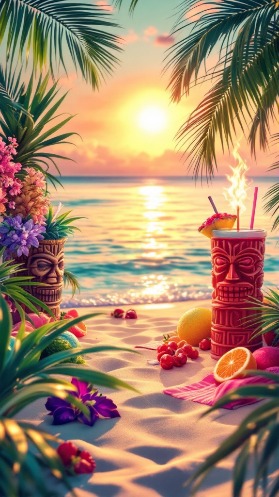 Tropical beach scene with tiki cups, fruits, and sunset