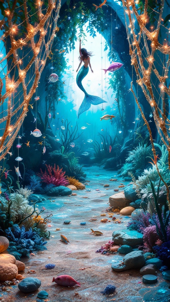 A magical underwater scene with a mermaid surrounded by vibrant marine life and glowing lights.