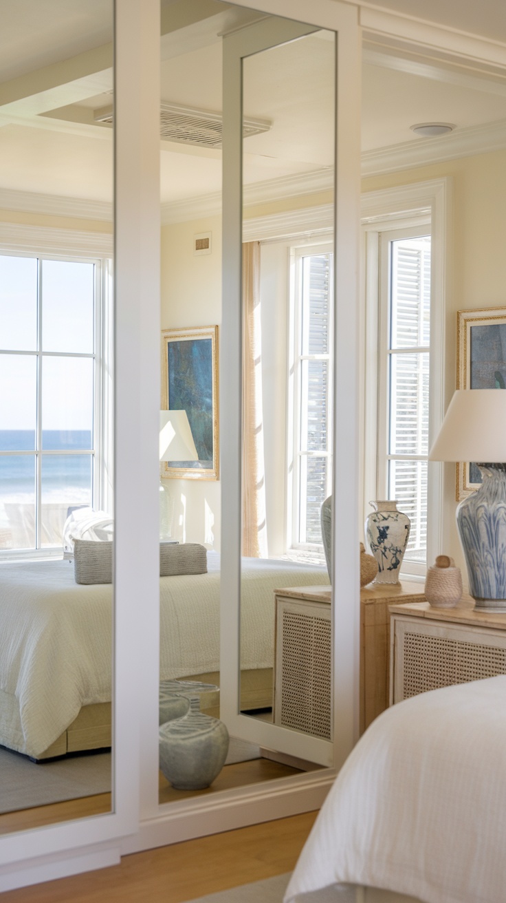 A bright coastal bedroom featuring large mirrors that reflect natural light, enhancing the airy feel of the space.