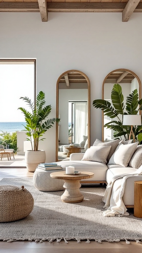 A coastal living room featuring large mirrors, plants, and a cozy seating area.