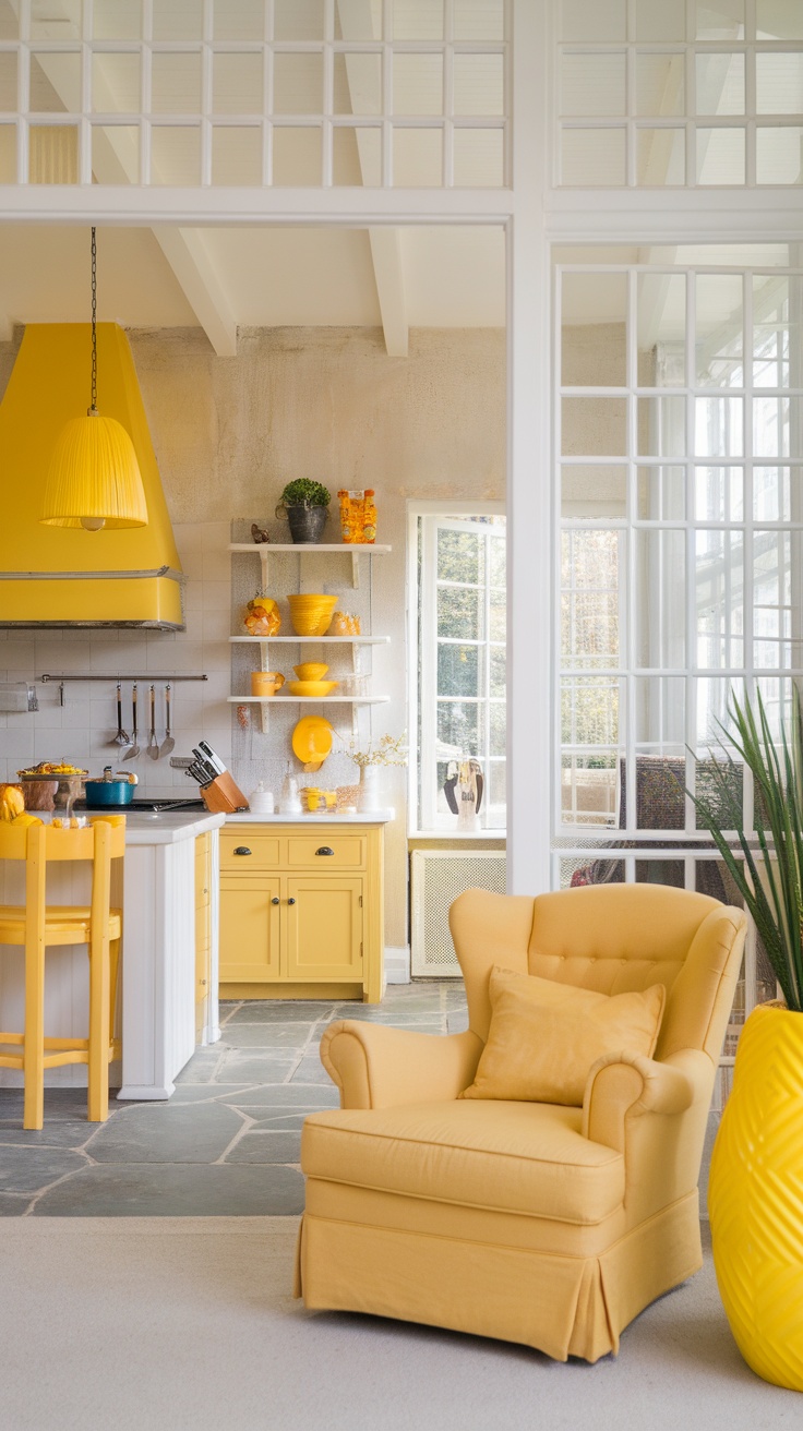 Bright yellow kitchen featuring a yellow chair, pots, and decor.