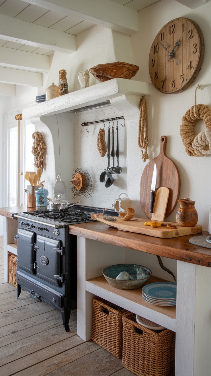 A cozy coastal kitchen featuring artisan decor and wooden elements.