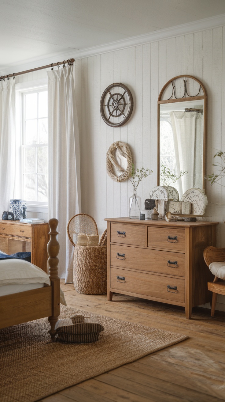 A cozy vintage coastal bedroom with wooden furniture and nautical decor.