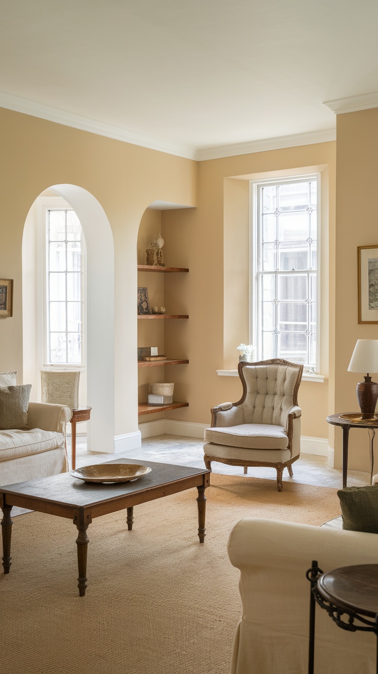 Cozy cottage living room showcasing vintage furniture, including an armchair and wooden coffee table.