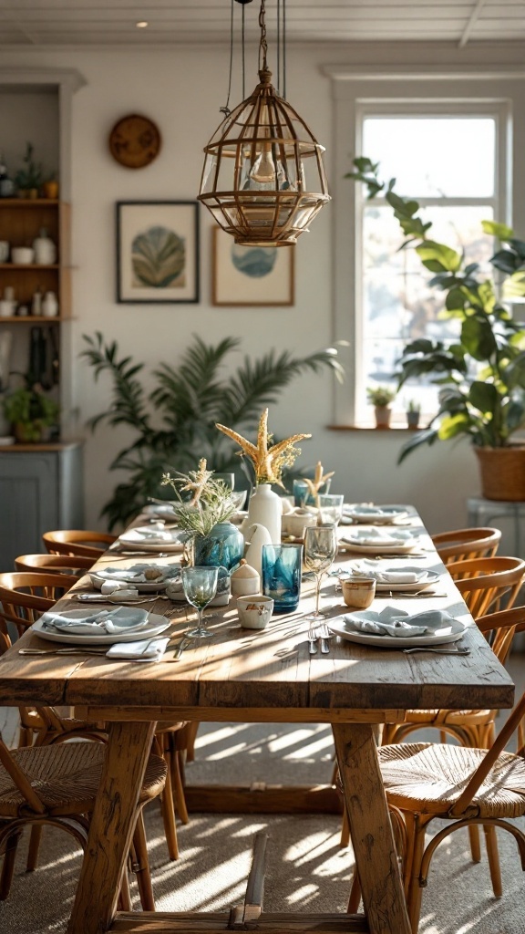 A warm dining area featuring a wooden table set with plates and glasses, surrounded by chairs, and decorated with coastal elements.