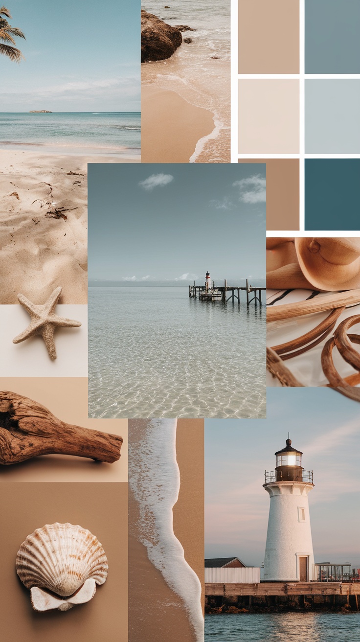 A collage of beach-inspired colors and images showcasing a coastal aesthetic.