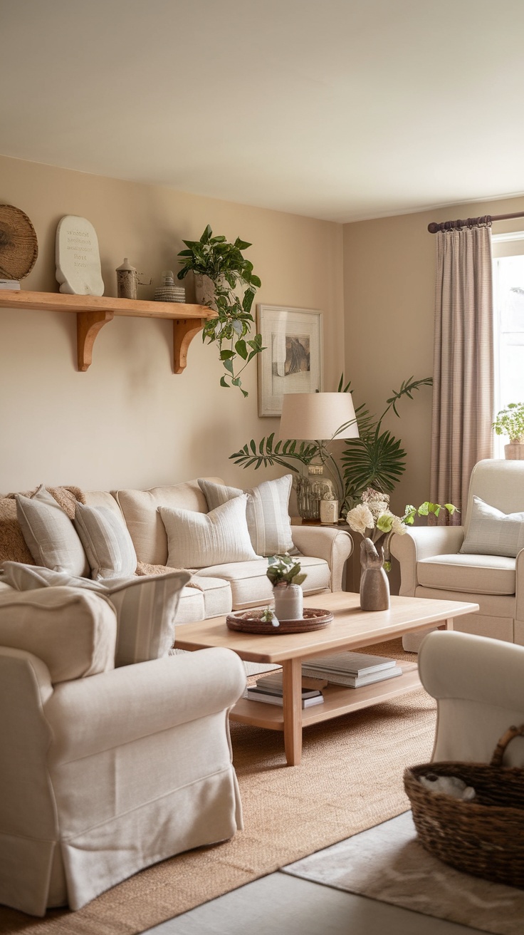 Cozy cottage living room with warm neutral colors, comfortable seating, and natural decor.