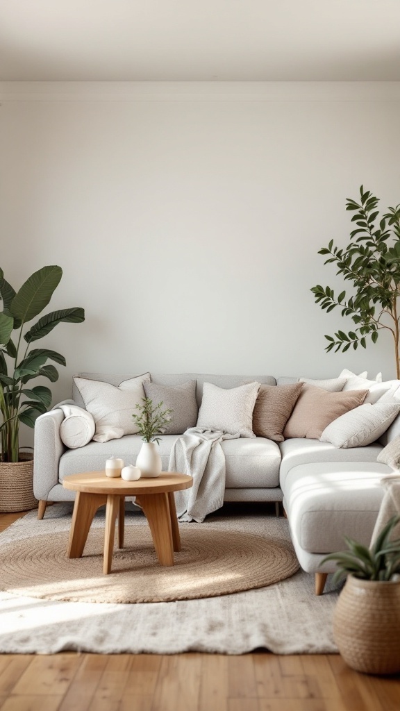 A cozy coastal living room featuring neutral colors, soft textures, and natural elements.