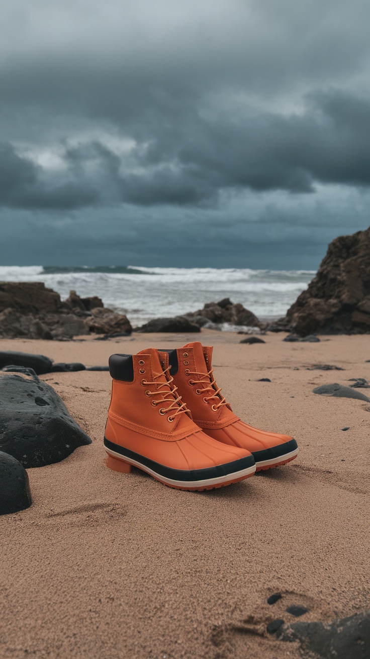 Pair of vibrant orange waterproof boots on a sandy beach with stormy clouds in the background.