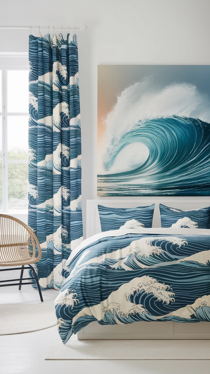 A coastal-themed bedroom featuring wave-patterned curtains and bedding, with a large wave artwork on the wall.