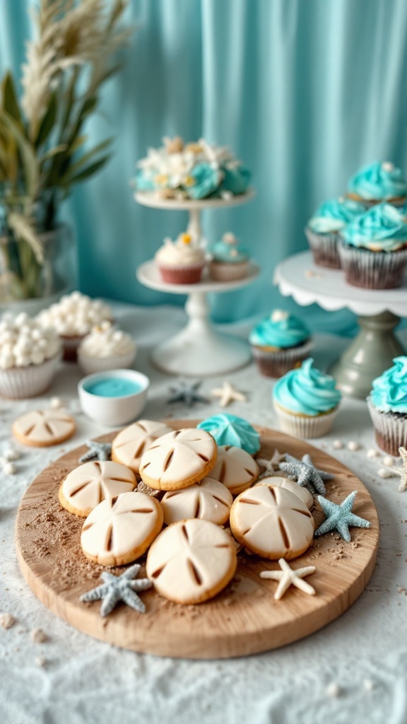 A variety of beach-themed sweets including sand dollar cookies and ocean-blue cupcakes.