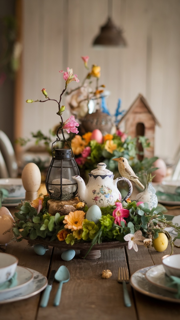 A whimsical spring tablescape featuring a colorful centerpiece with flowers, eggs, and a vintage teapot.