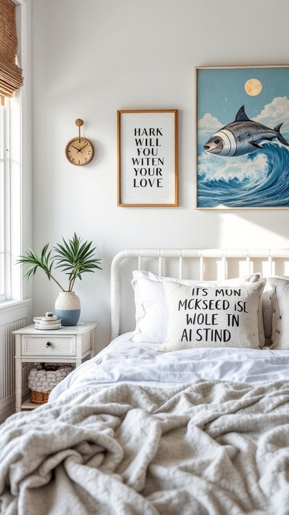 Coastal bedroom with playful decor, including a fish painting and a quirky pillow.