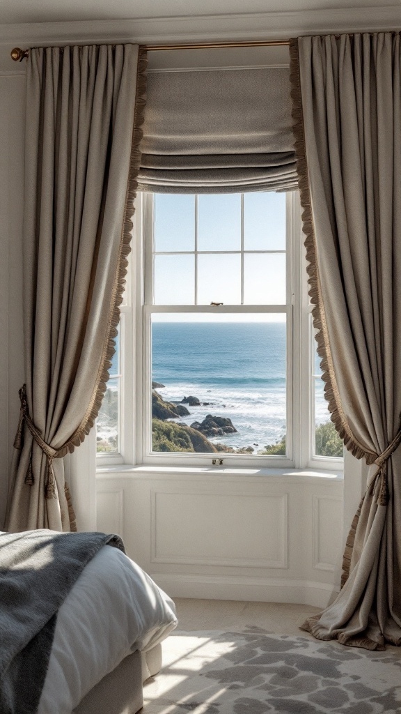 A coastal bedroom with elegant window treatments overlooking the ocean.