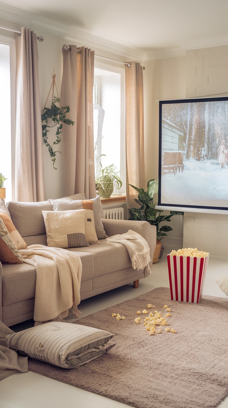 A cozy living room setup with a couch, pillows, and a popcorn bucket, showing a winter-themed movie on a screen.