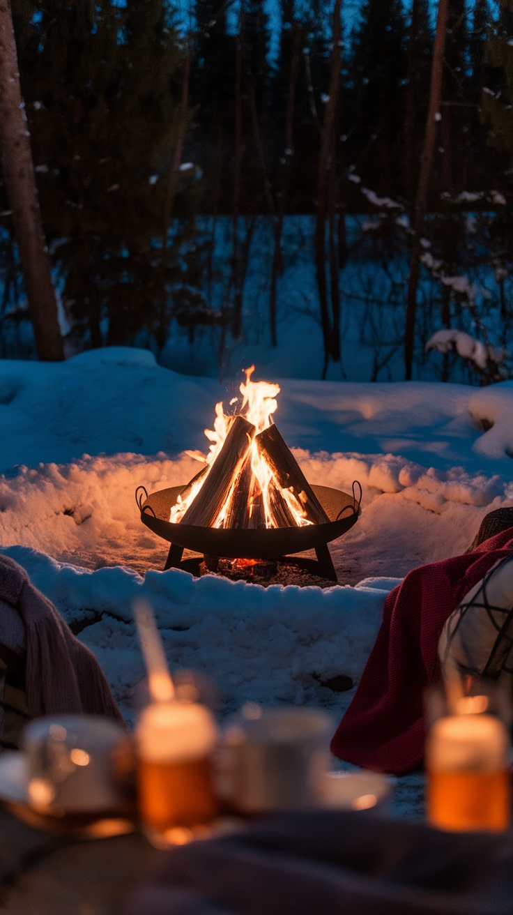 A winter scene featuring a fire pit surrounded by snow, with warm lighting from the fire and cozy seating.