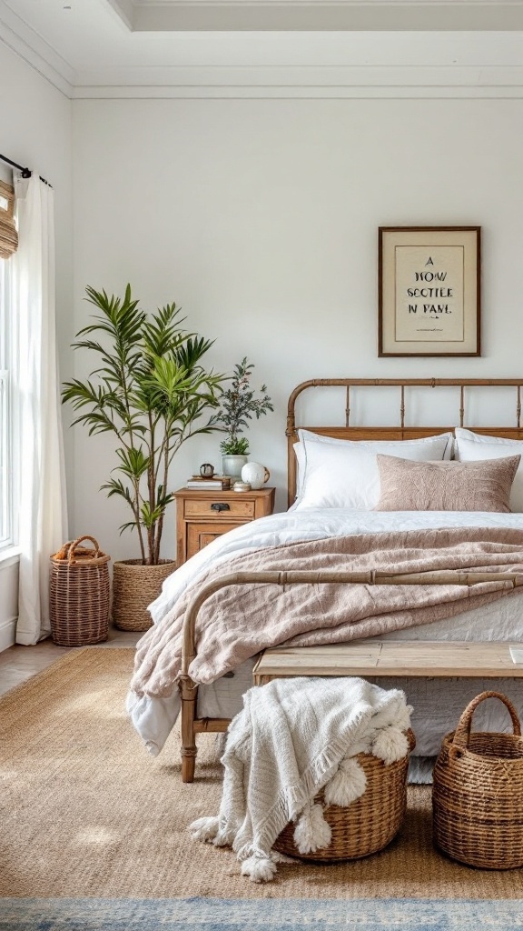 A cozy coastal bedroom featuring wooden furniture and soft textiles.