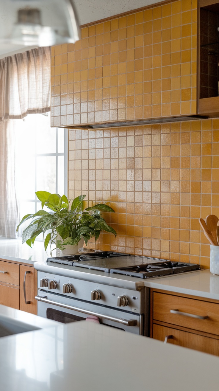 A bright yellow tiled backsplash in a cozy kitchen setting.