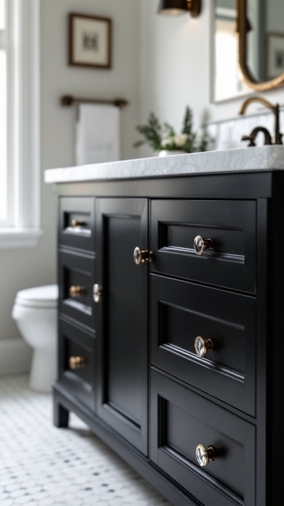 Black bathroom vanity with gold hardware and a marble countertop.