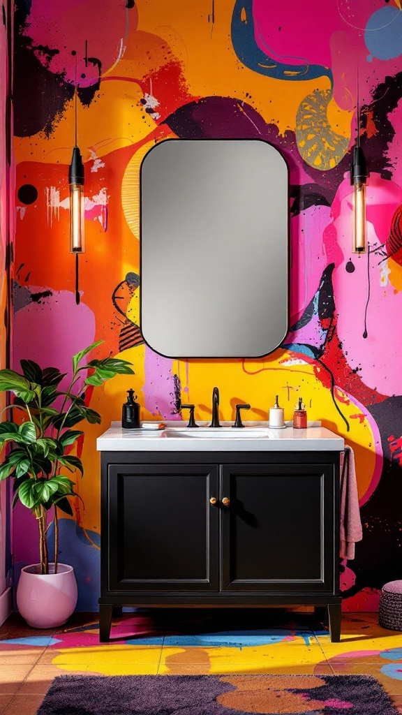 A black bathroom vanity with a white countertop set against a bright, abstract wall featuring bold colors.