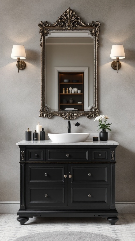 A stylish black bathroom vanity with a marble top, ornate mirror, and elegant wall sconces.