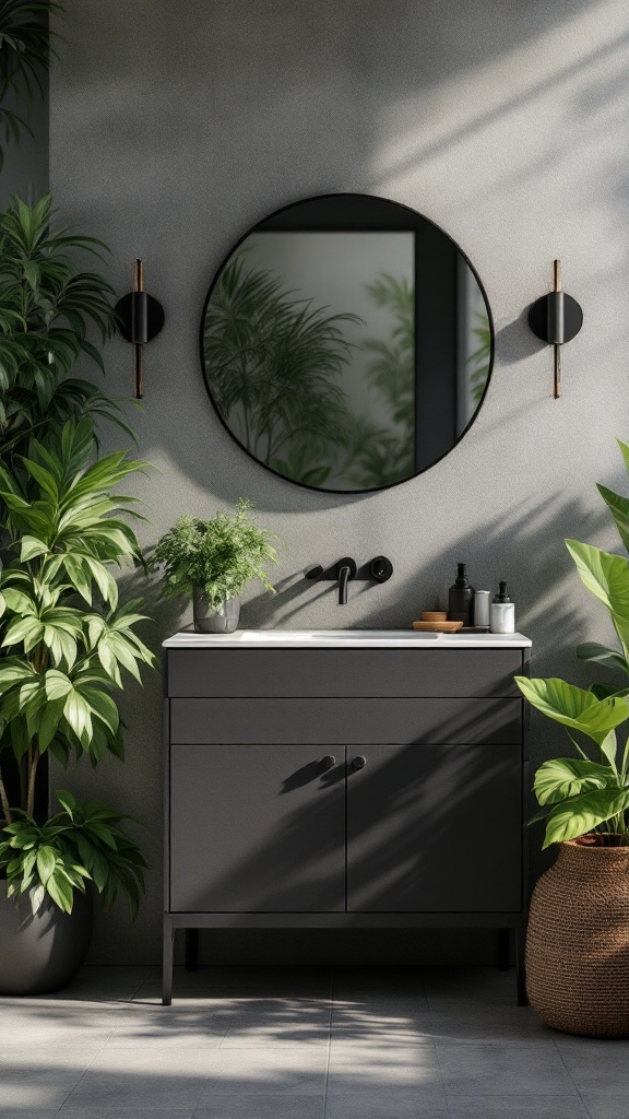 A modern black bathroom vanity with a circular mirror, surrounded by plants.