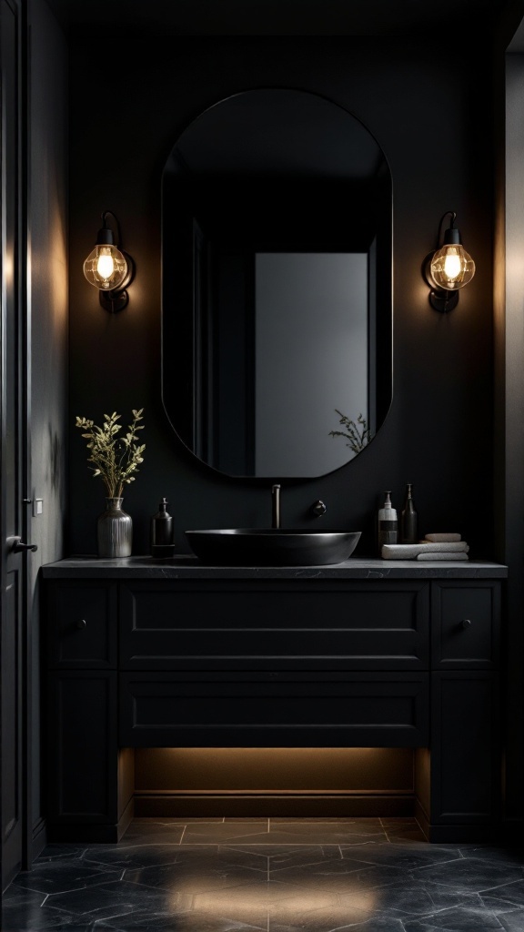 A black bathroom vanity with stylish lighting and decor.