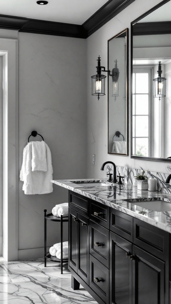 A modern black bathroom vanity with a marble top, large mirrors, and soft towels