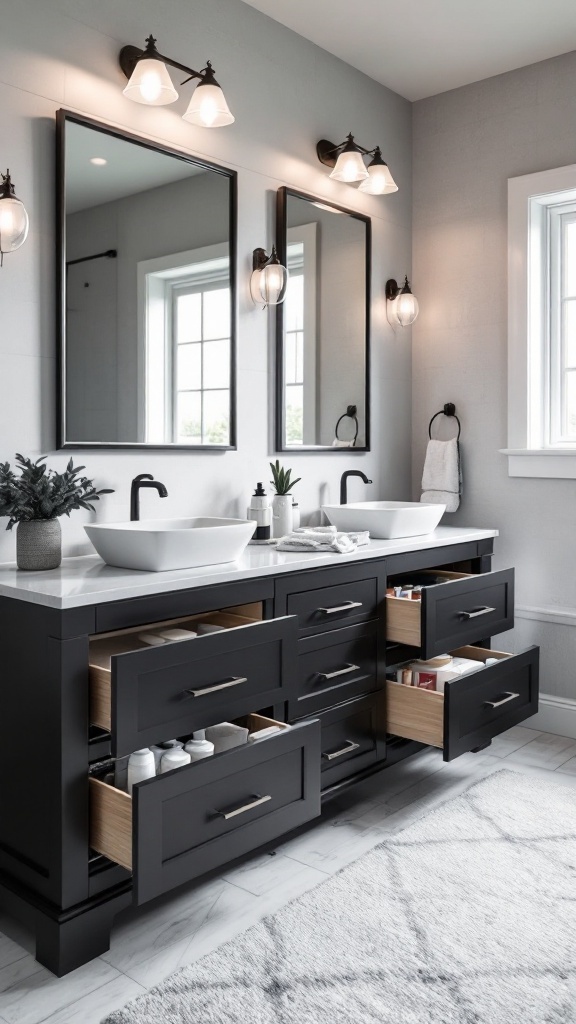 A modern black bathroom vanity featuring multiple drawers, double sinks, and large mirrors.