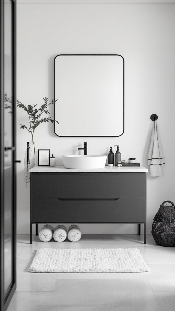 A minimalist black bathroom vanity with a white basin, framed mirror, and simple decor.