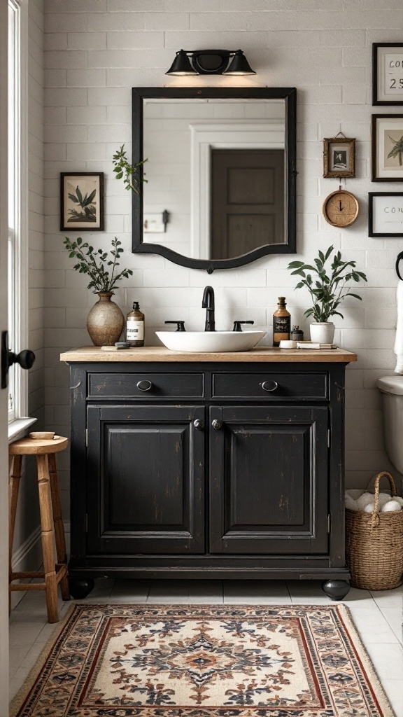 A rustic black bathroom vanity with wooden top, surrounded by plants and vintage decor.