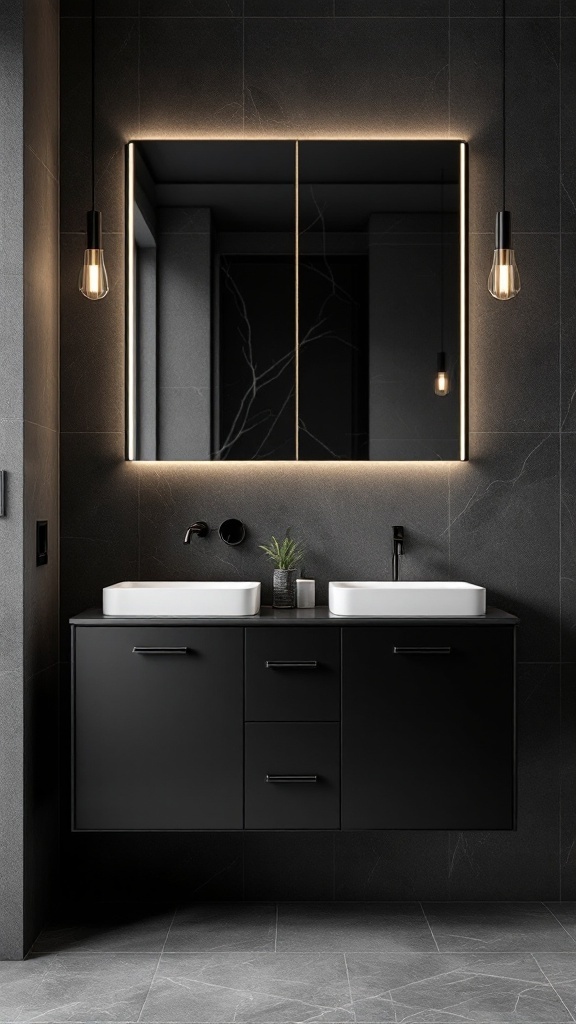 A modern black bathroom vanity with double sinks, illuminated mirror, and stylish light fixtures.